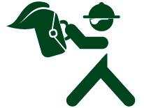 Environmental Licensing, Certification Icon of business man in hard hat and briefcase reviewing blueprint